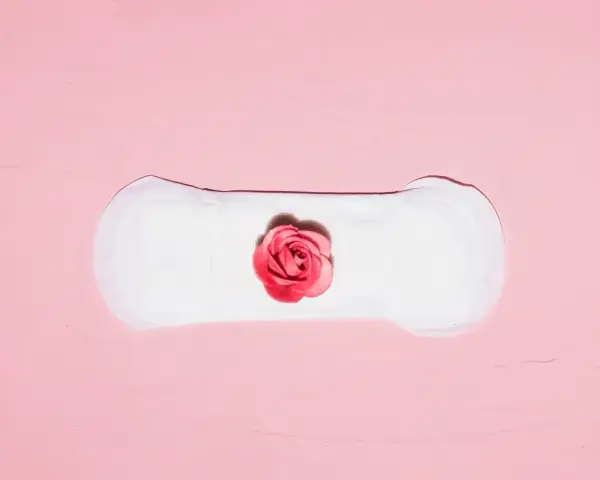 Biały podpaska z różową różą pośrodku. Symbolizuje cykl menstruacyjny, gdzie skrzep czy zarodek może być częścią tej naturalnej podróży.