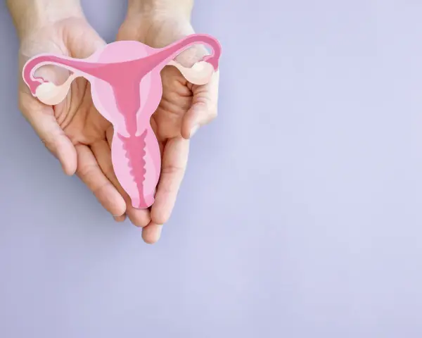 Dłonie trzymają model macicy z widoczną szyjką macicy, symbolizującą wczesną ciążę.