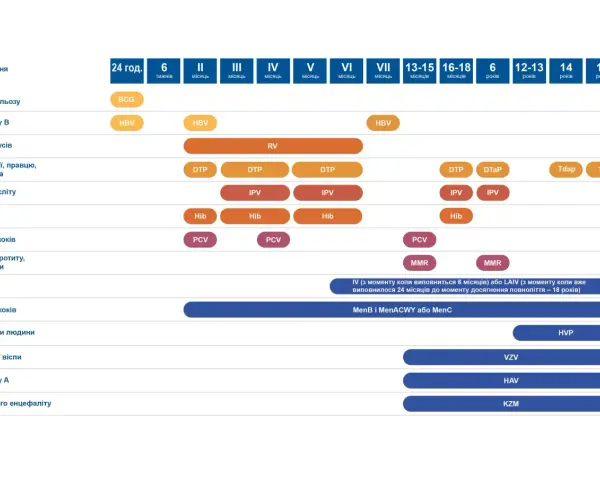 Kalendarz szczepienia dzieci: BCG, HBV, RV, DTP, IPV, Hib, PCV, MMR, HVP, VZV, HAV, KZM.