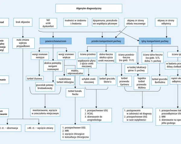 Algorytm diagnostyczny: torbiel gruczołu Bartholina, torbiel gruczołu Skene'a, torbiel przewodu Gartnera, torbiel przewodu Müllera, ropień okołoodbytniczy?