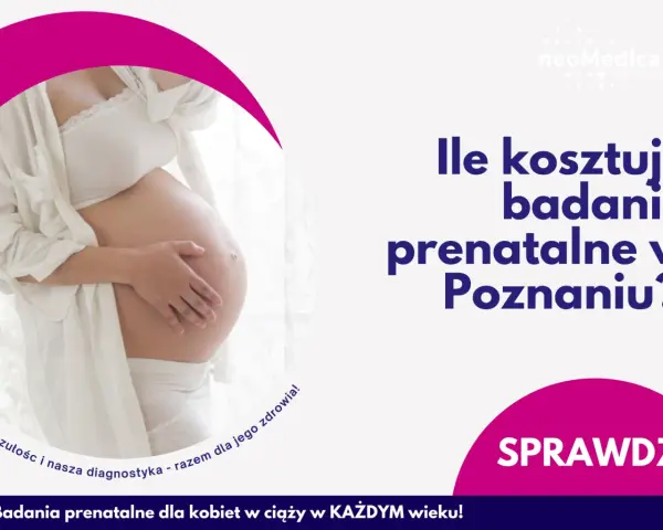 Ciężarna kobieta z dłonią na brzuchu. Pytanie: Ile kosztują badania prenatalne w Poznaniu? Sprawdź!