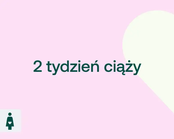 2 tydzień ciąży. Delikatny róż i jasna zieleń tworzą tło dla tekstu i ikon symbolizujących etapy ciąży.