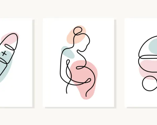 Trzy minimalistyczne grafiki: termometr z plusem, ciężarna kobieta i wózek dziecięcy. Symbolizują początek życia, od pierwszych oznak, przez rozwój, aż po narodziny. Trofoblast to początek tej drogi.