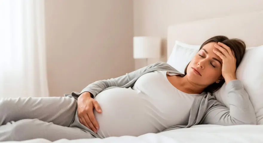 Zmęczona ciężarna odpoczywa w łóżku, czując senność w ciąży. Dłoń na czole, oczy zamknięte.