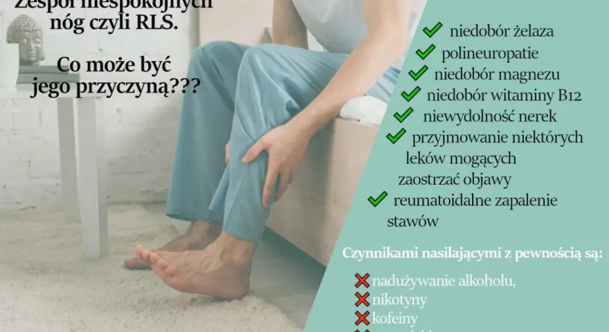 Cierpisz na zespół niespokojnych nóg w ciąży? Obraz przedstawia mężczyznę zmagającego się z RLS, z listą potencjalnych przyczyn i czynników nasilających.