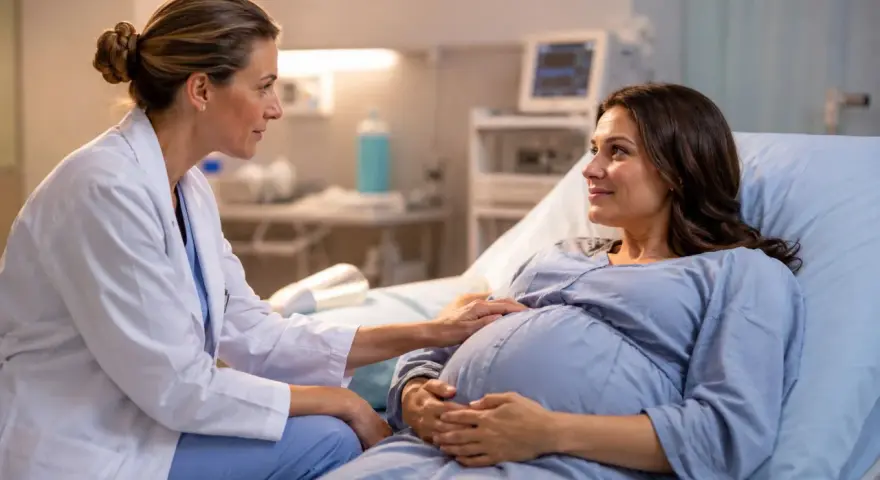 Lekarka z troską dotyka brzucha ciężarnej pacjentki, która leży w szpitalnym łóżku. Rozwarcie do porodu postępuje, a przyszła mama uśmiecha się do lekarki.