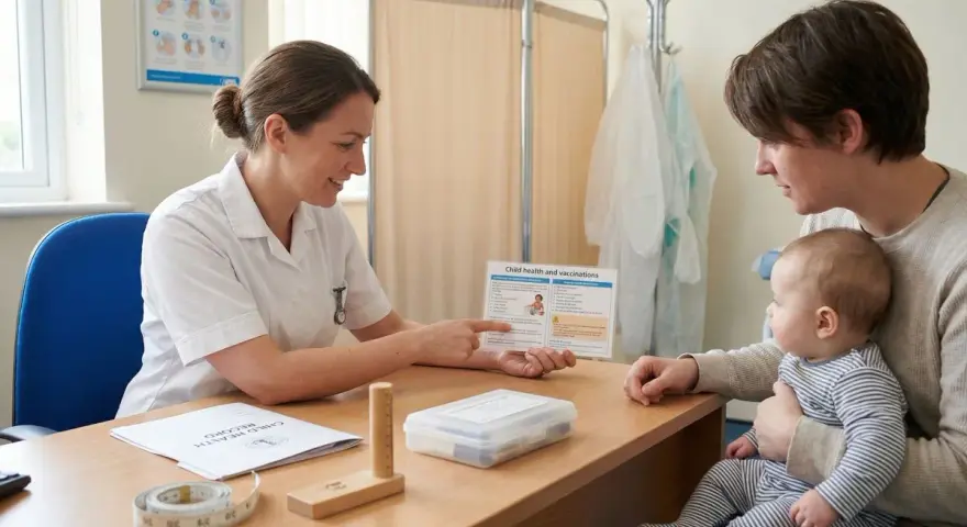 Pielęgniarka omawia zdrowie i szczepienia z rodzicem, który trzyma na rękach niemowlaka.