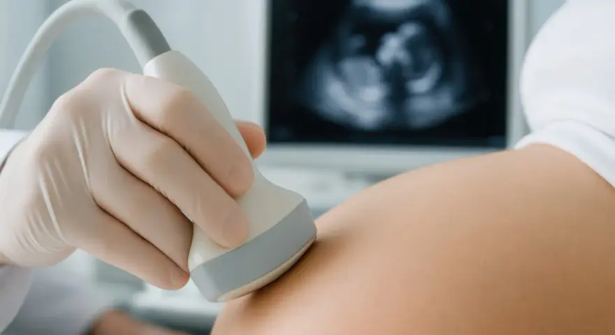 Ręka w rękawiczce medycznej wykonuje usg prenatalne. Na ekranie widoczny obraz płodu.