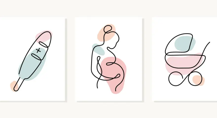 Trzy minimalistyczne grafiki: termometr z plusem, ciężarna kobieta i wózek dziecięcy. Symbolizują początek życia, od pierwszych oznak, przez rozwój, aż po narodziny. Trofoblast to początek tej drogi.