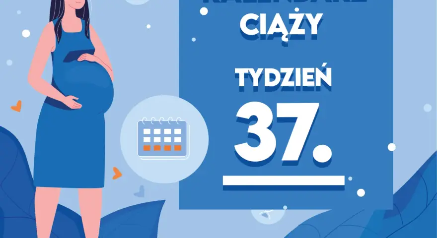 Kobieta w 37. tygodniu ciąży, blisko momentu, kiedy ciąża jest donoszona. Kalendarz ciąży wskazuje ten etap.