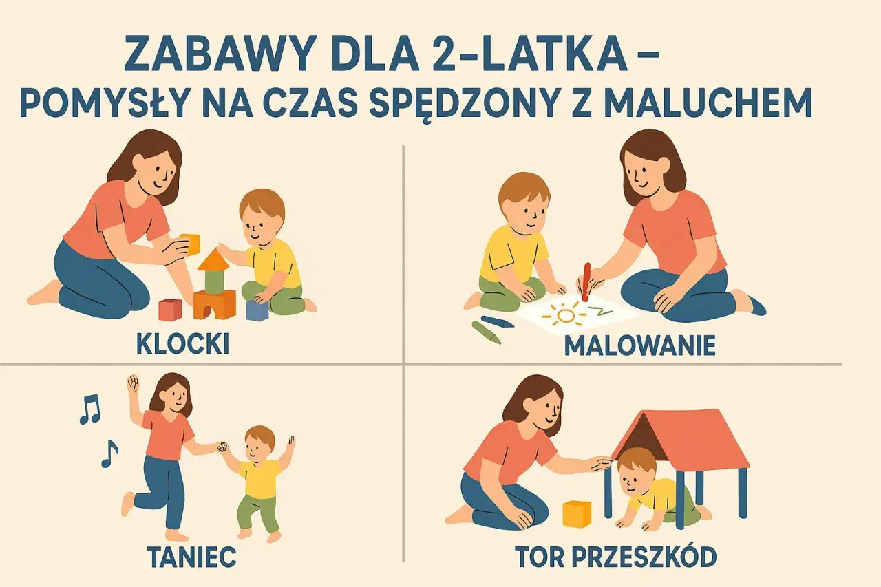 Zabawy dla 2-latka: budowanie z klocków, malowanie, taniec i tor przeszkód. Radość malucha i wspólne chwile.