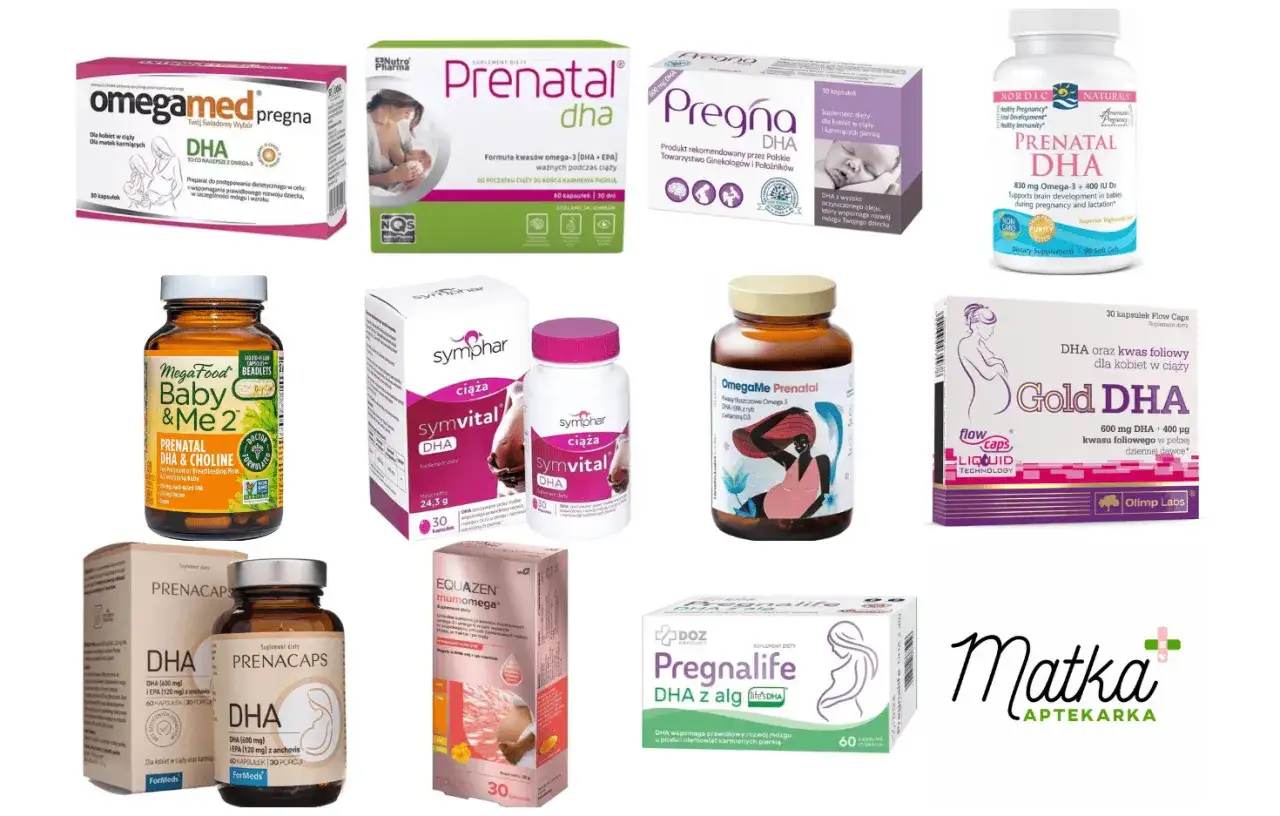 Suplementy diety z DHA dla kobiet w ciąży: Pregna, Prenatal DHA, Gold DHA, Symvital, Pregnalife, Omegamed, Prenacaps, Equazen Mumomega.