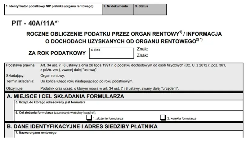 PIT-11A wzór dokumentu ZUS KRUS